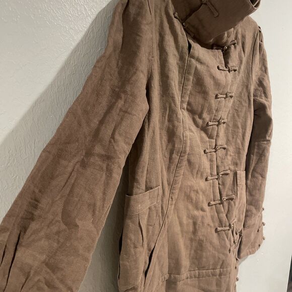 Unique Tan Linen Jacket Coat Asymetric Frog Closure Lagenlook Vintage M/L - Picture 5 of 12